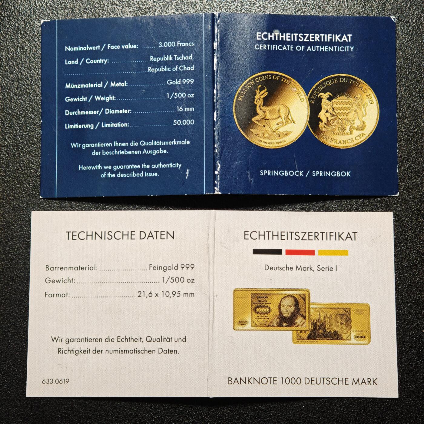 【德藏】世界币章拍卖第168期（拍品征集中~欢迎藏友联系） 1000德国马克微型金钞 1/500盎司 999金 及 乍得跳羚微型金币 1/500盎司 999金