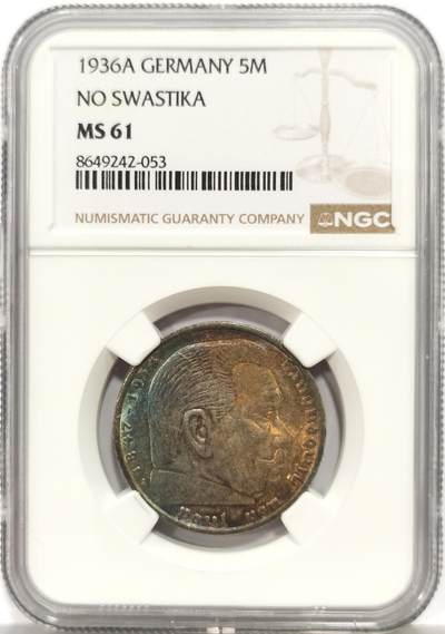 博洋堂世界钱币拍卖第165期（全场包邮） - NGC MS61 德国第三帝国1936年A版兴登堡5马克银币，绚丽五彩包浆