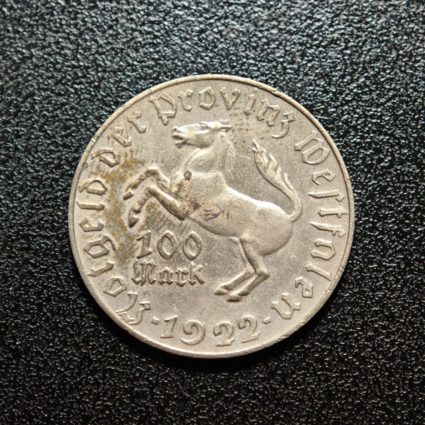 【德藏】世界币章拍卖第168期（拍品征集中~欢迎藏友联系） 1922年 德国紧急时期100马克马币镀银铜币 直径约：24.5mm；重约：5.6g