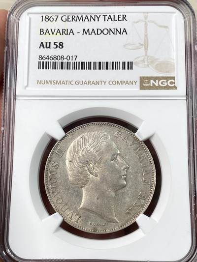 万国钱币拍卖第063期 - NGC AU58 1867年德国巴伐利亚路德维希二世圣母抱婴流通1泰勒 巴伐利亚经典品种 原味淡彩环绕高点极佳