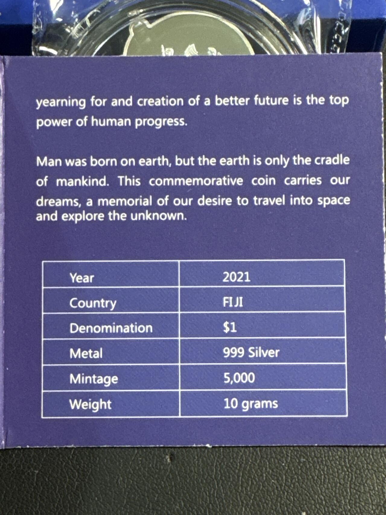 ❤️【币观天下】❤️ 第345期钱币拍卖场- 2026.3.20周五晚上6点半场 长期征集拍品  斐济2021年太空探索宇航员形状10克彩色纯银银币