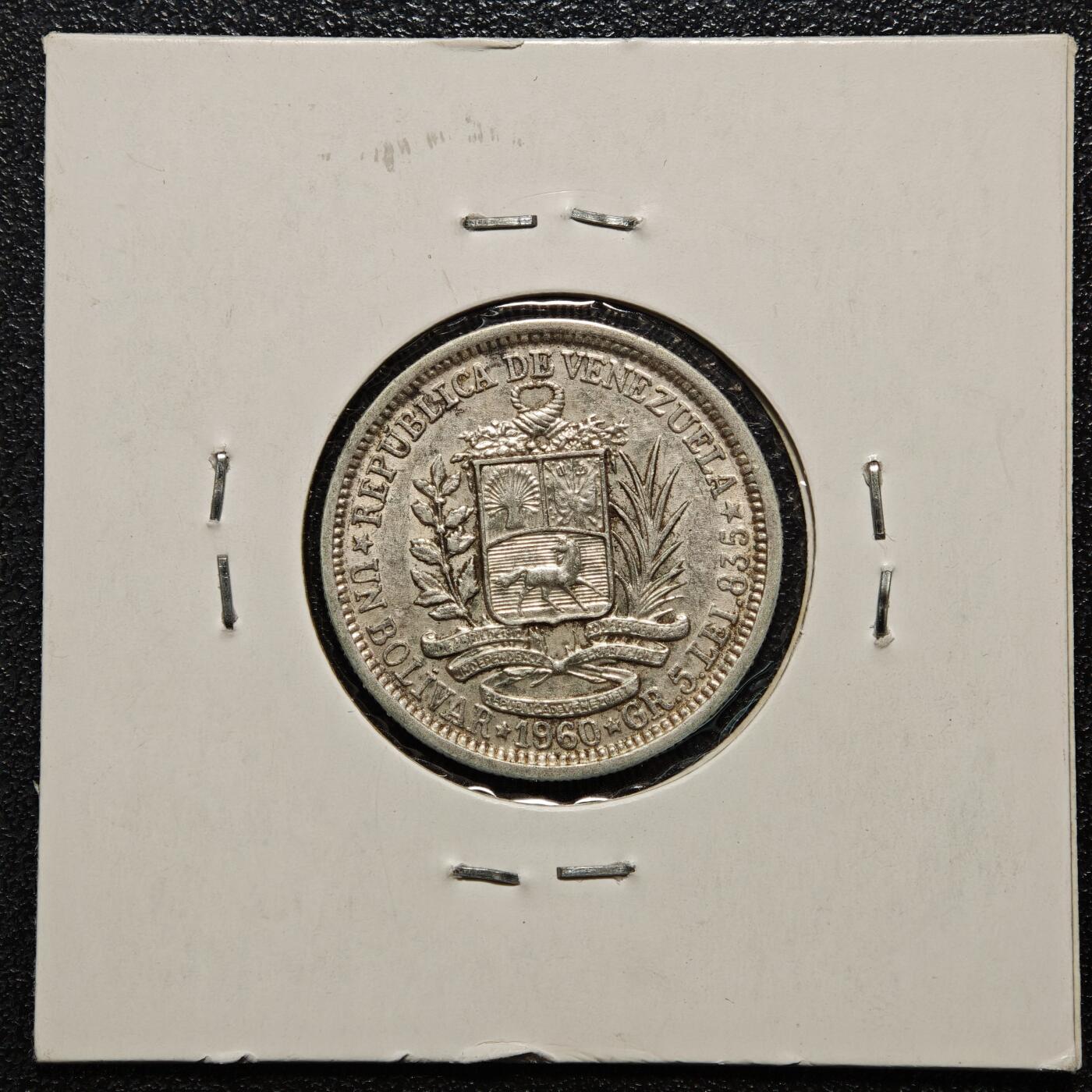 【德藏】世界币章拍卖第168期（拍品征集中~欢迎藏友联系） 老藏家集藏系列之- 1960年 委内瑞拉1玻利瓦尔银币 835银 直径约：23mm；重约：5g 入册20余年·附有当年购入价