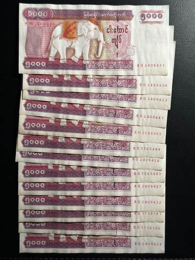 丙午马年三月第三场 。本期更新了伊朗全同 - 缅甸5000卡特，一组13张部分连号！品相unc-au+，老版本细安全线！白象