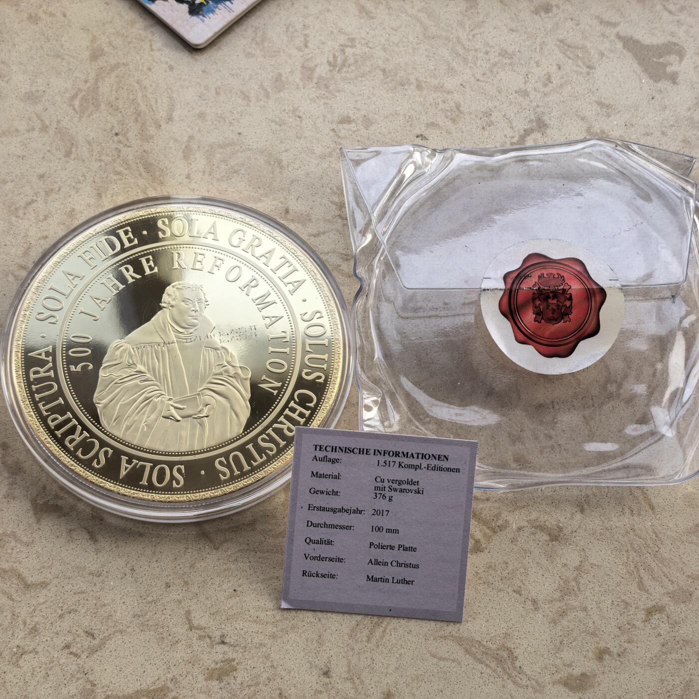 道一币馆币章第一百七十场 原包装带证书 德国2017年宗教改革运动500周年超大24K镀金纪念章