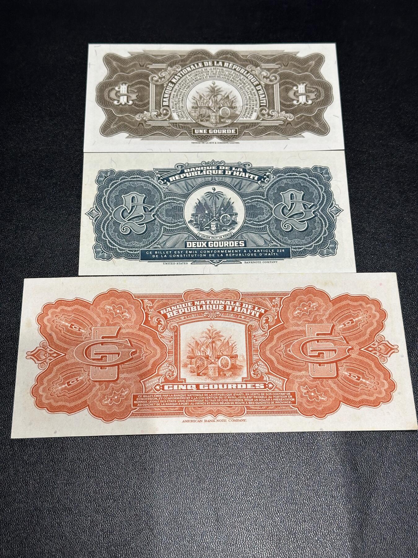 《外钞收藏家》第六百一十九期（精品场）（长期征集拍品、欢迎藏友们联系合作） 海地1、2、5古德 1和2基本全新 5AU品相