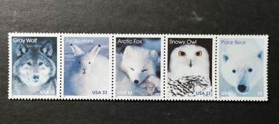 ↓君缘收藏764期☞钱币邮品↓无佣金、可寄存、满30元包邮  - 美国邮票，1999年北极动物:雪兔.北极狐.雪鸮.北极熊.狼连票5全