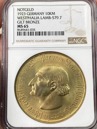 万国钱币拍卖第063期 - NGC MS65 1923德国紧急时期威斯特法伦10000马克镀金大马币 BU品质金光灿灿