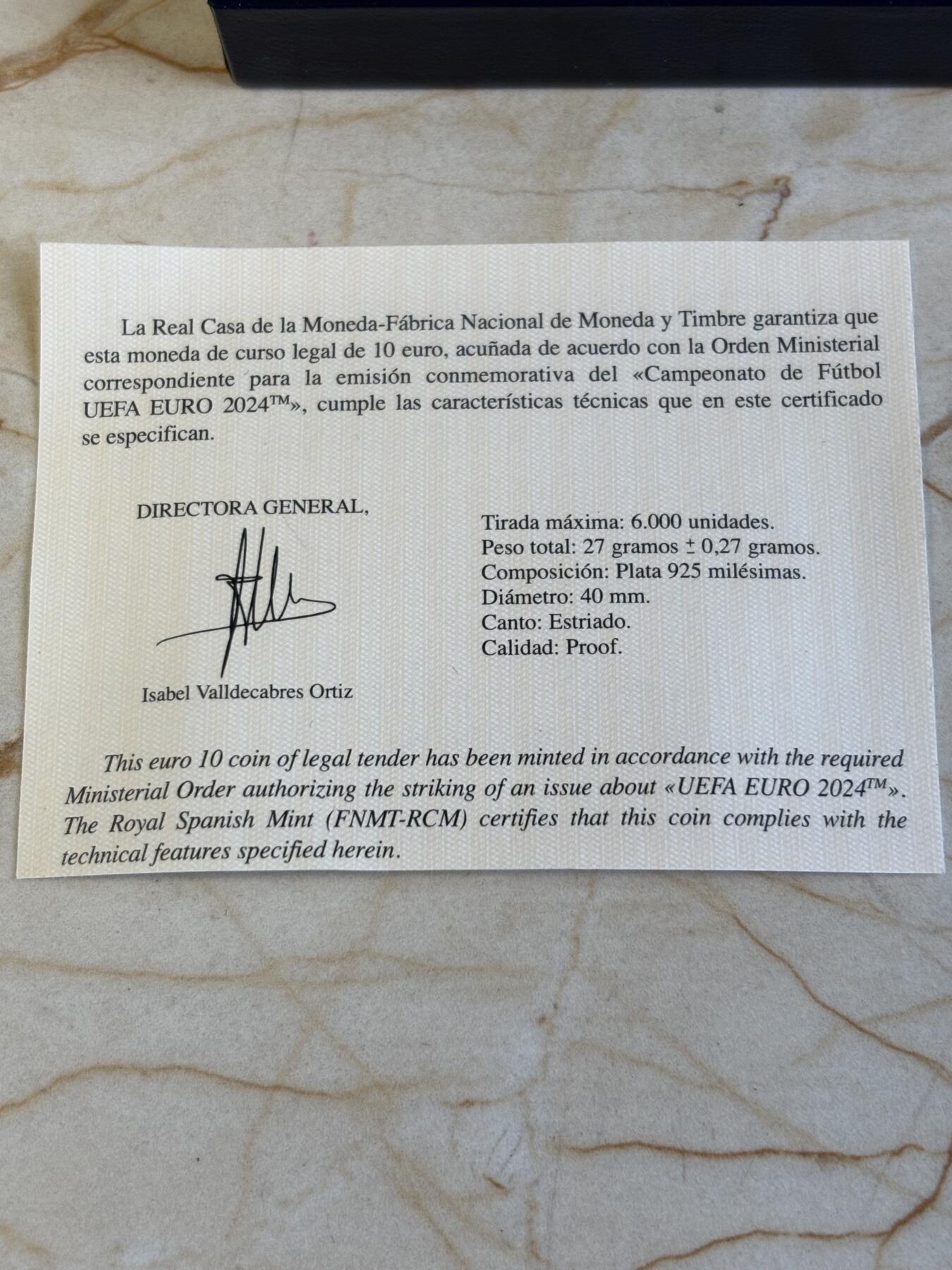 第194期拍卖 土西班牙2024年欧洲杯足球赛10欧彩色纪念银币，925银，27克，发行6000枚