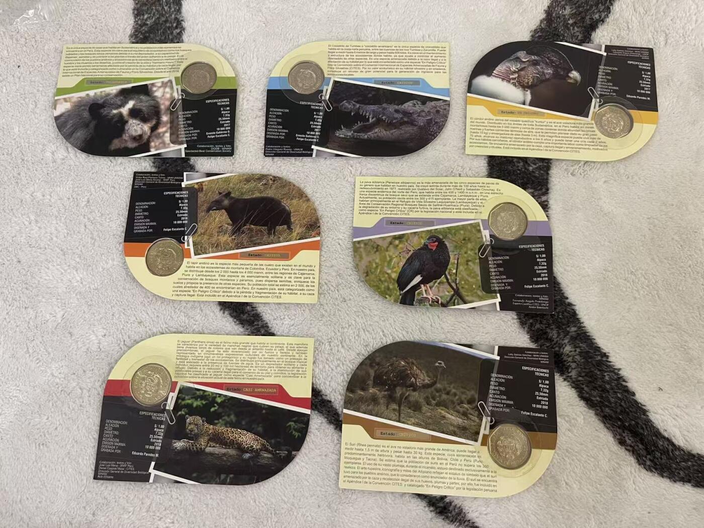 ❤️【币观天下】❤️ 第345期钱币拍卖场- 2026.3.20周五晚上6点半场 长期征集拍品  秘鲁2017-2018动物系列纪念币原封卡装 面值1索尔 全7枚