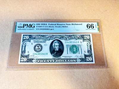 【Blue Auction】世界纸币精拍第796期——18级TOP拍卖/信誉/品质/专业/高效💫 - 【冠军分 少见里士满版】美国 1928A 20美金 PMG66EPQ 配套常缺该区