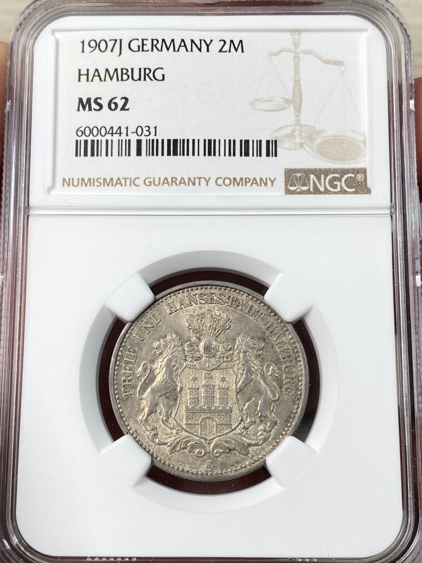 万国钱币拍卖第063期 NGC MS62 1907德国汉堡自由市流通长翅2马克银币 原光淡彩极美