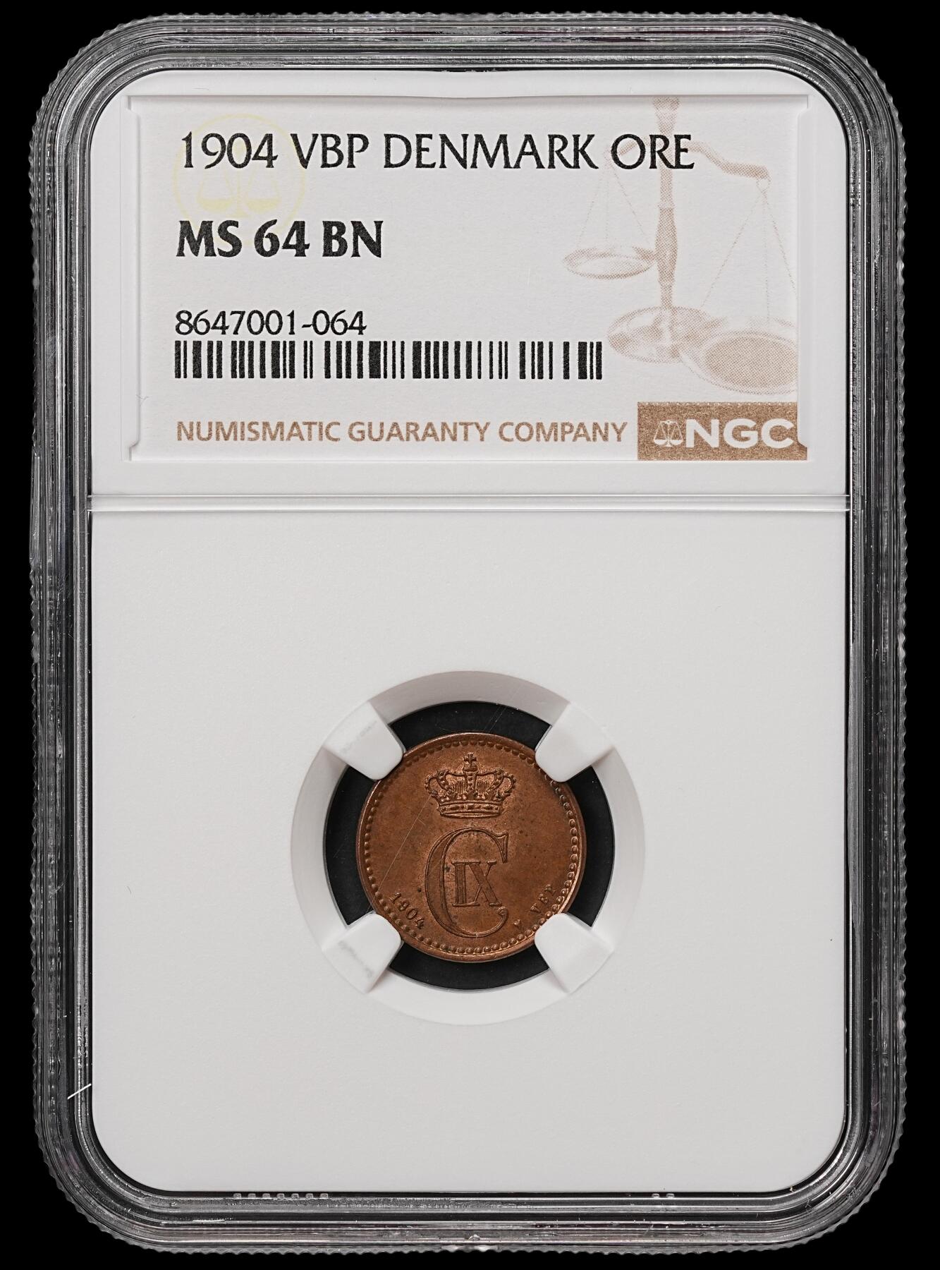 修遠堂世界钱币第108期 NGC MS64BN 1904年丹麦海豚1欧尔铜币