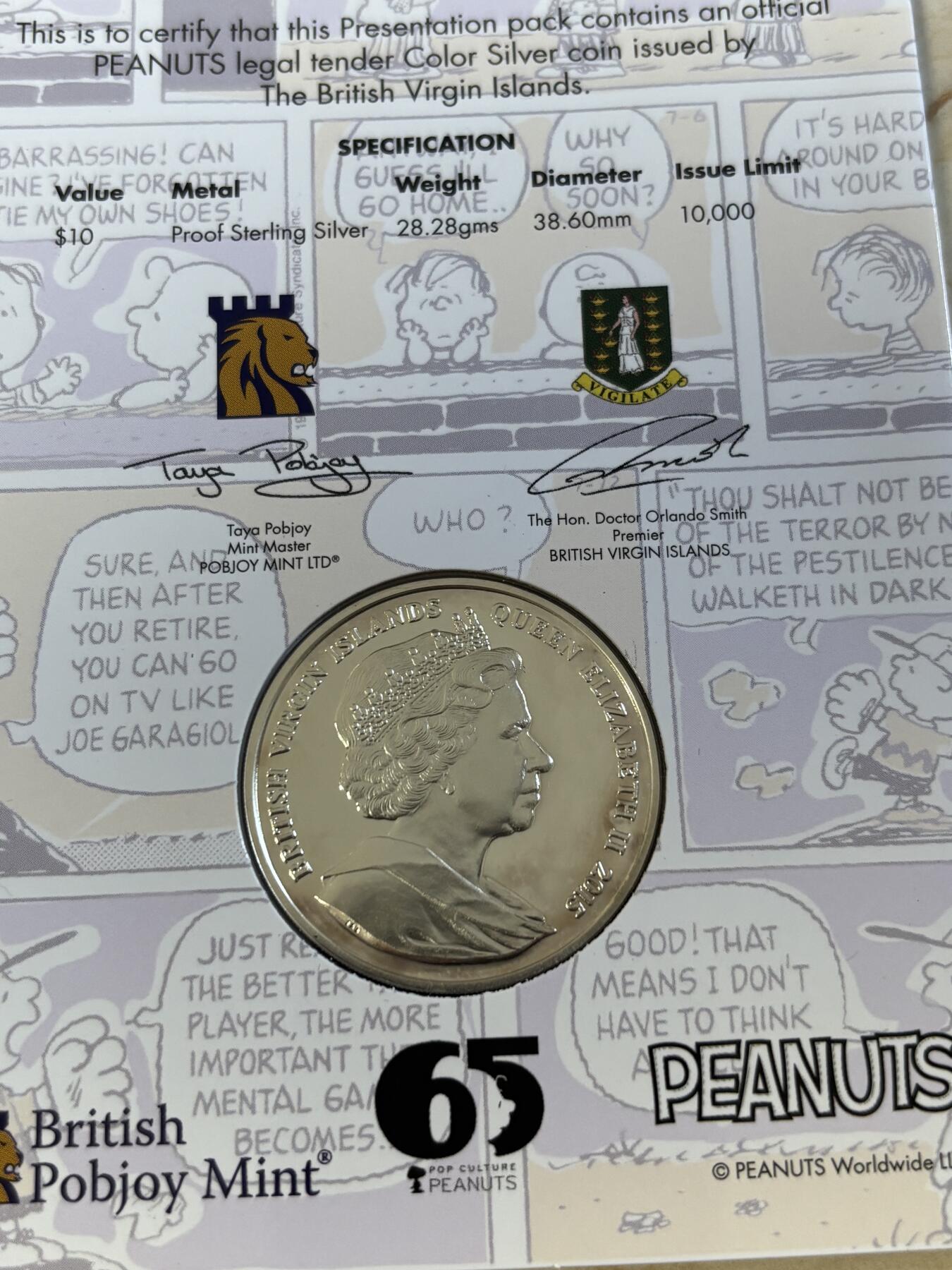 第194期拍卖 英属维尔京群岛2015年史努比65周年彩色纪念银币，925银，28.28克，发行10000枚