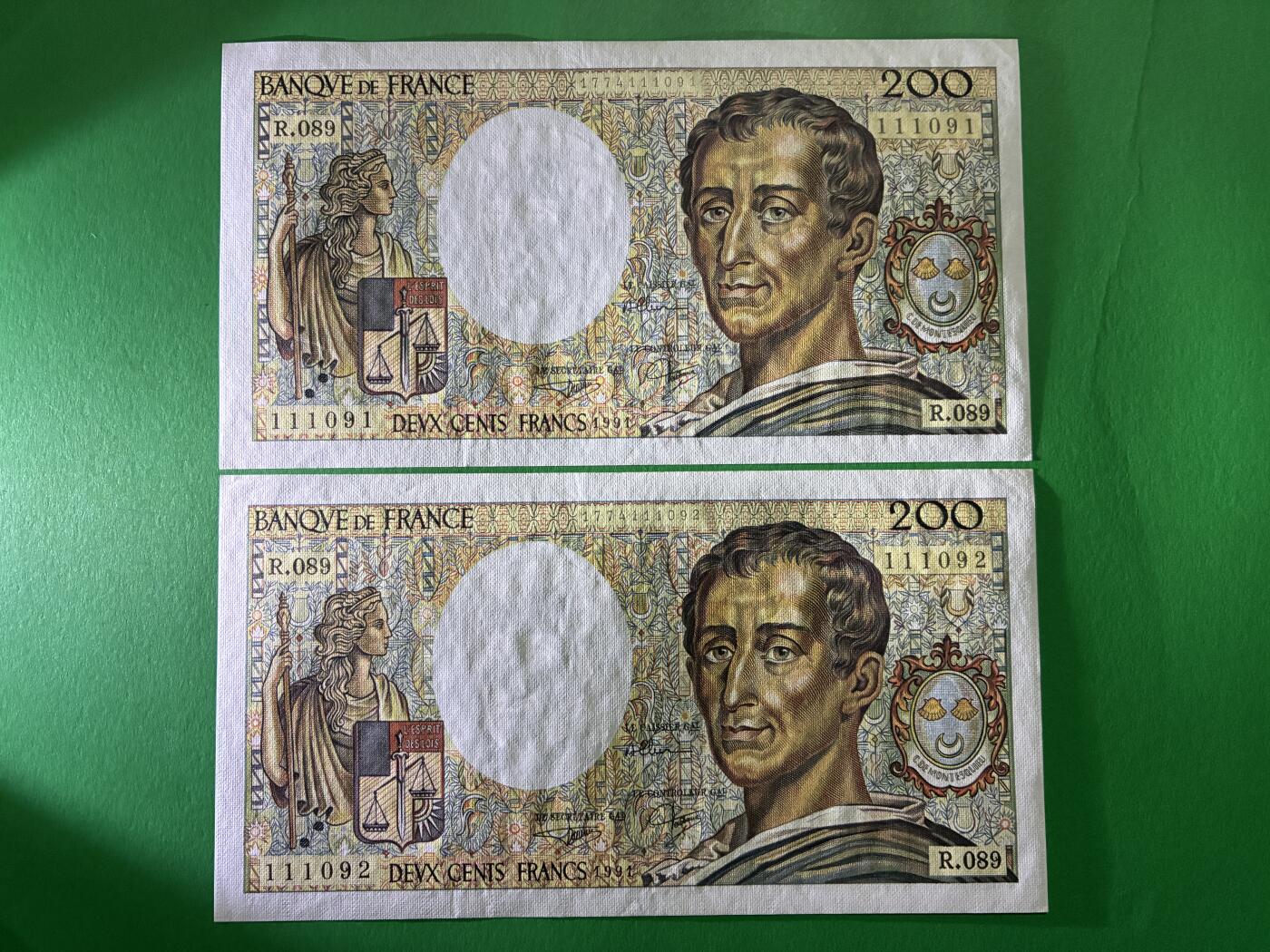 咖啡豆•收藏 2026年Mar_24th世界各国纸币拍卖 4枚 连号 法国 1991年 200法郎 全新UNC 外国 欧洲纸币