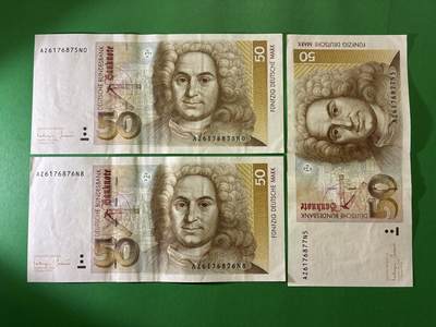 咖啡豆•收藏 2026年Mar_24th世界各国纸币拍卖 - 3枚 连号 德国 1993年 50马克 美品UNC- 微软折 外国 欧洲纸币