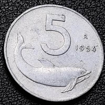 泉币菌-第213场-拍品多 请提前出价（工作最近较忙 发货不及时，望理解） - 1954年 意大利海豚版 5里拉铝币  20.2mm