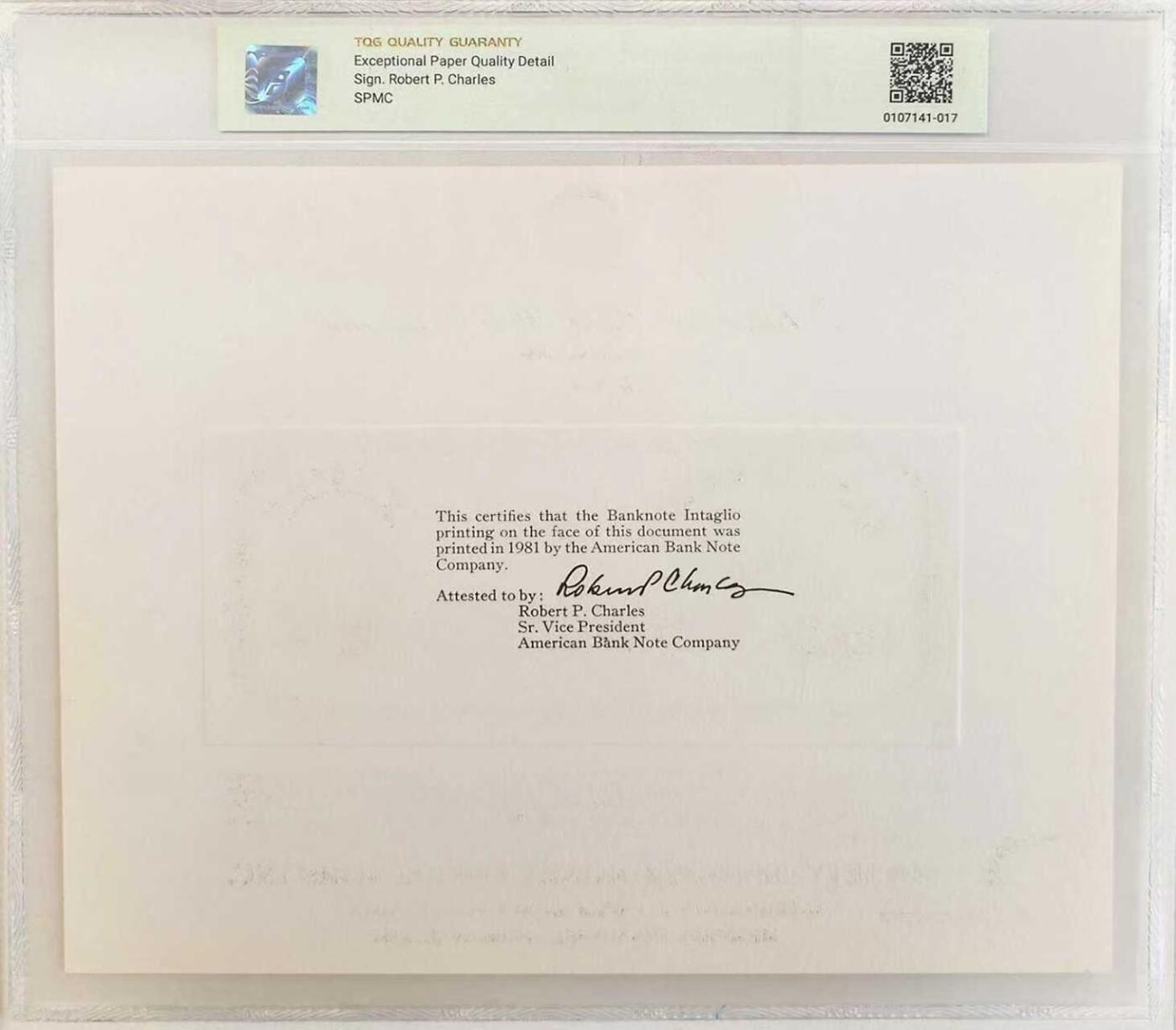 《外钞收藏家》第六百一十九期（精品场）（长期征集拍品、欢迎藏友们联系合作） 1981年 美国钞票公司(ABNC)印制 50美元雕刻版票样纪念卡 原版纸币1859年间由美国亚拉巴马州塞尔玛银行(Bank of Selma)发行流通 该雕刻版票样纪念卡为百年原钞凹版母版印制并以极小规模限量发行 票面肖像为美利坚联盟国(CSA)唯一总统杰斐逊·戴维斯 美钞公司唯一采用该肖像的官方纸币 背面为美钞公司总裁认证签名 乃高价原版老纸币收藏欣赏之平替