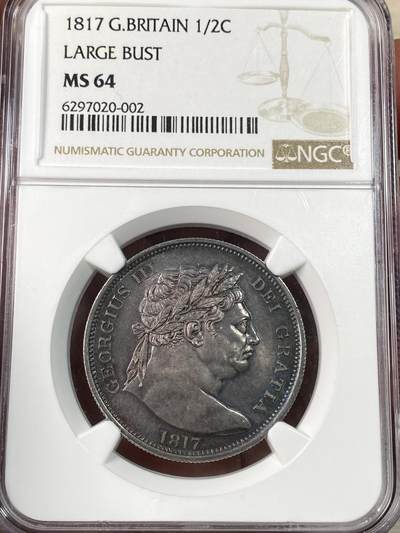 万国钱币拍卖第063期 - NGC MS64 1817年英国乔治三世牛头半克朗银币 经典品种 全深打绝美英式天鹅绒五彩全覆盖 收藏级品质