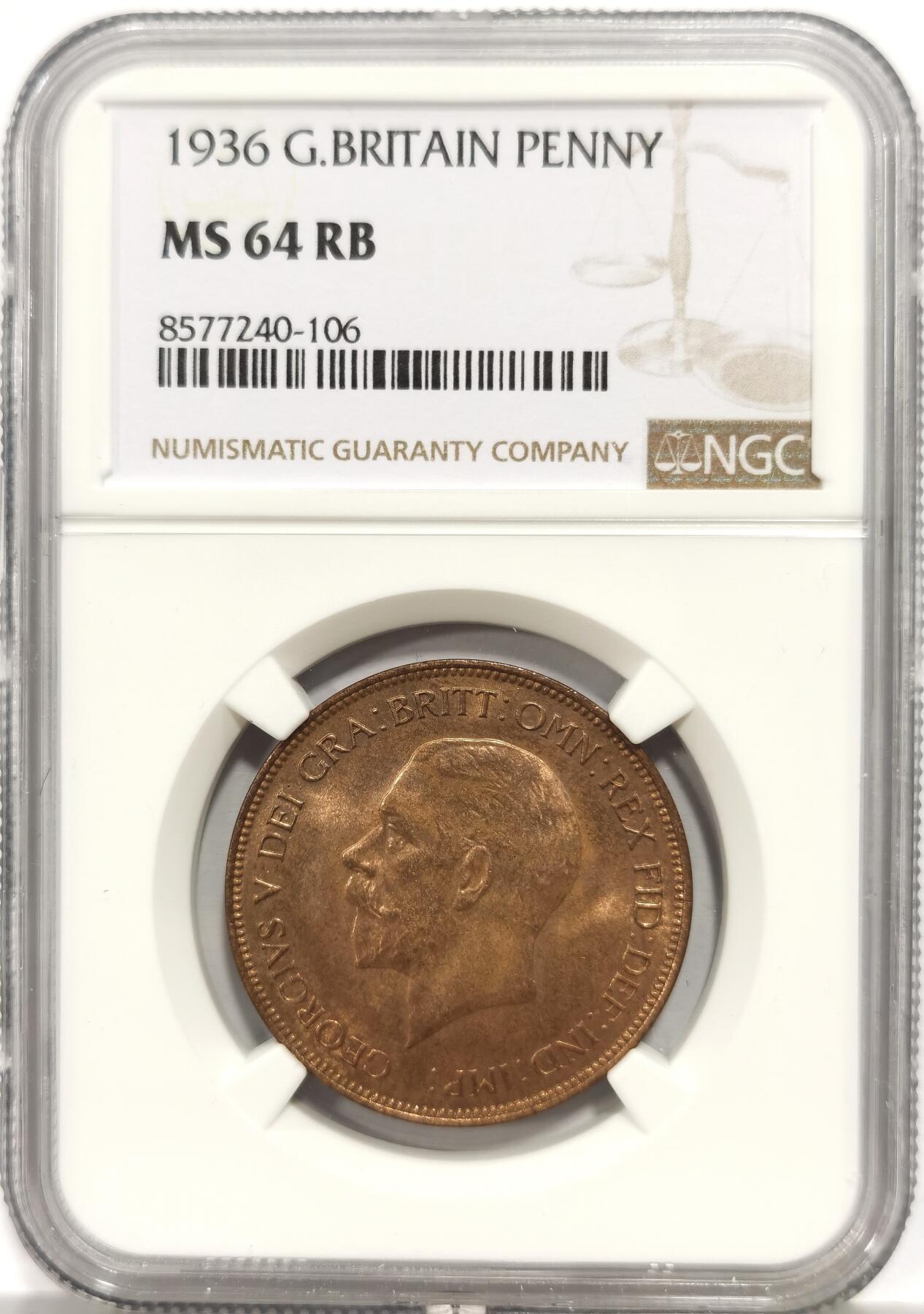 博洋堂世界钱币拍卖第165期（全场包邮） NGC MS64RB 英国1936年乔治五世一便士铜币，关门特年