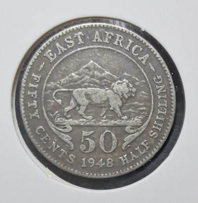 外国优质老铜币银币苏联纪念章，每周六晚九点倒数截拍，满百包邮可寄存，持续收拍 - 英属东非1948年50分，正面乔治六世头像彰显英殖民时代印记，背面狮子与乞力马扎罗山纹饰充满非洲野性风情，包浆温润，是见证殖民史与非洲文明交融、极具异域收藏价值的入门经典。