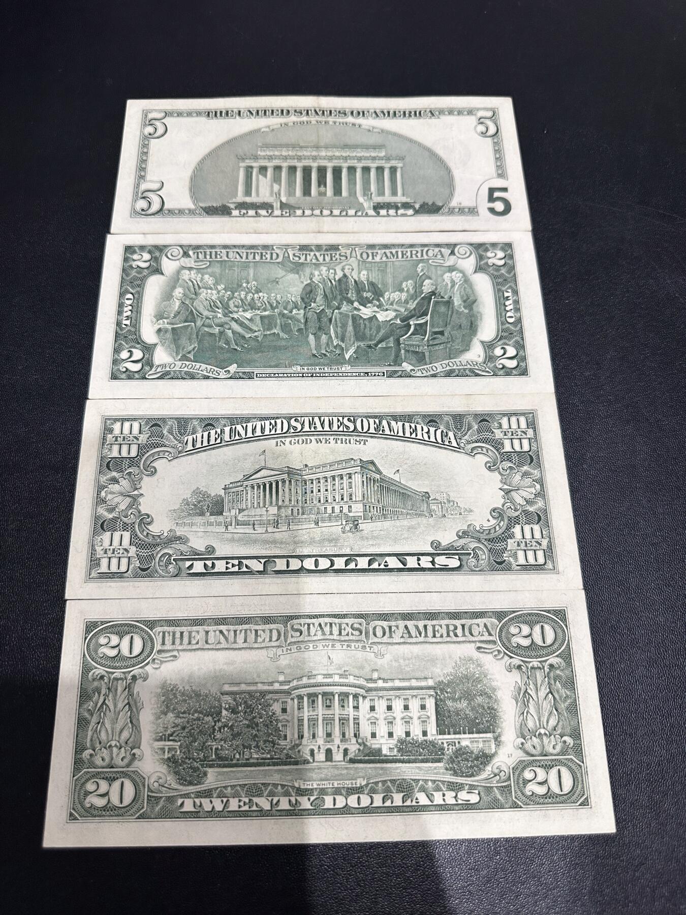 《外钞收藏家》第六百一十九期（精品场）（长期征集拍品、欢迎藏友们联系合作） 美国大头版5美元+小头版2、10、20美元 四张一起 非全新 品相如图