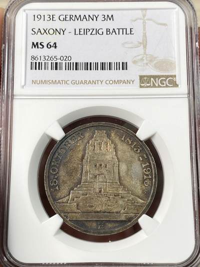 万国钱币拍卖第063期 - NGC MS64 1913年德国萨克森莱比锡民族大会战建功碑3马克 经典品种顶级原味五彩状态难得