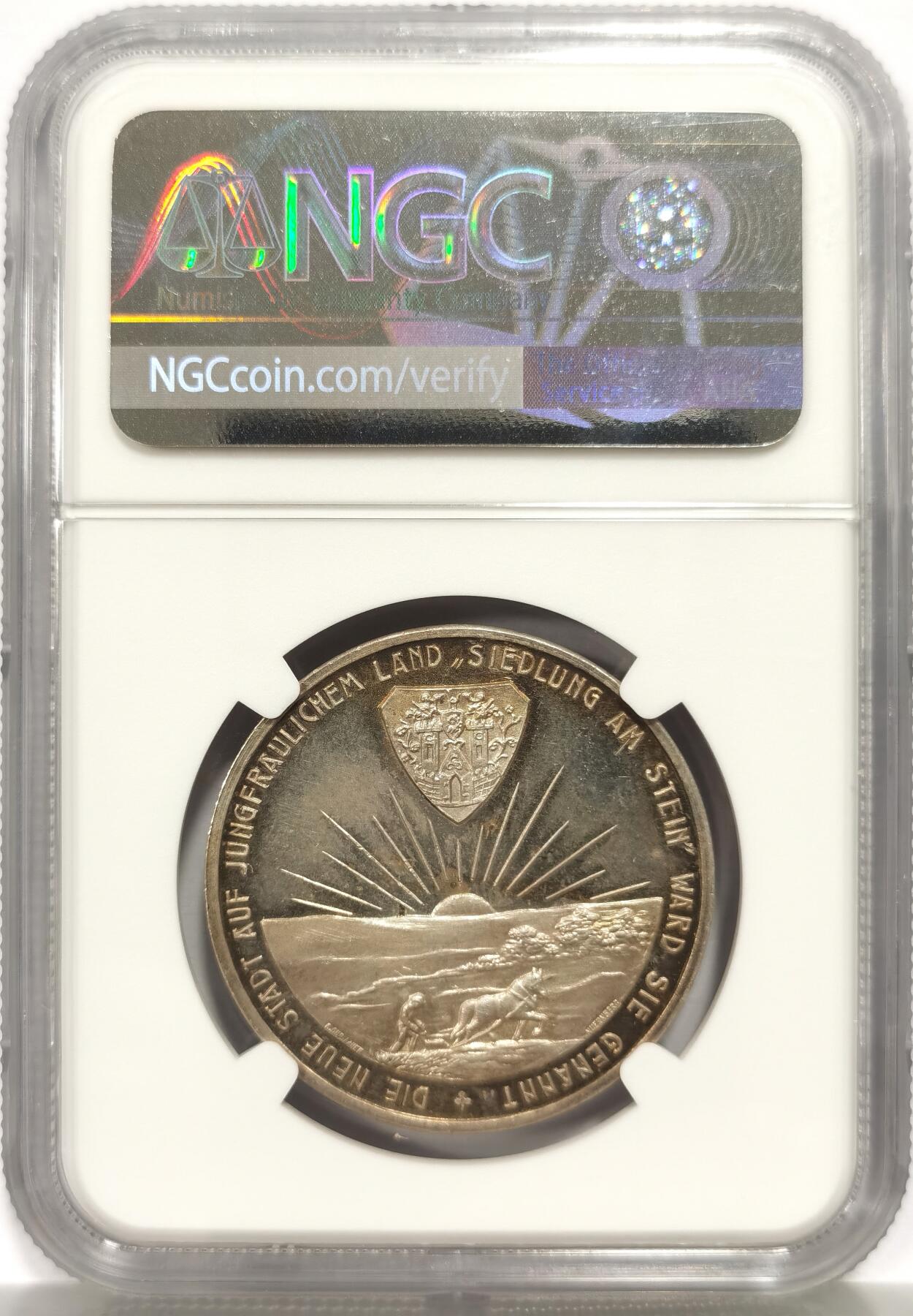 博洋堂世界钱币拍卖第165期（全场包邮） NGC MS63 德国1925年纪念16城市建成700周年庆典景观银章，炫彩包浆，精制底板，非常少见。