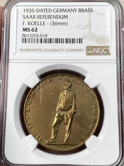 万国钱币拍卖第063期 - NGC MS62 1935年德国萨尔区公投回归纪念铜章 原铜光 比银质少见很多