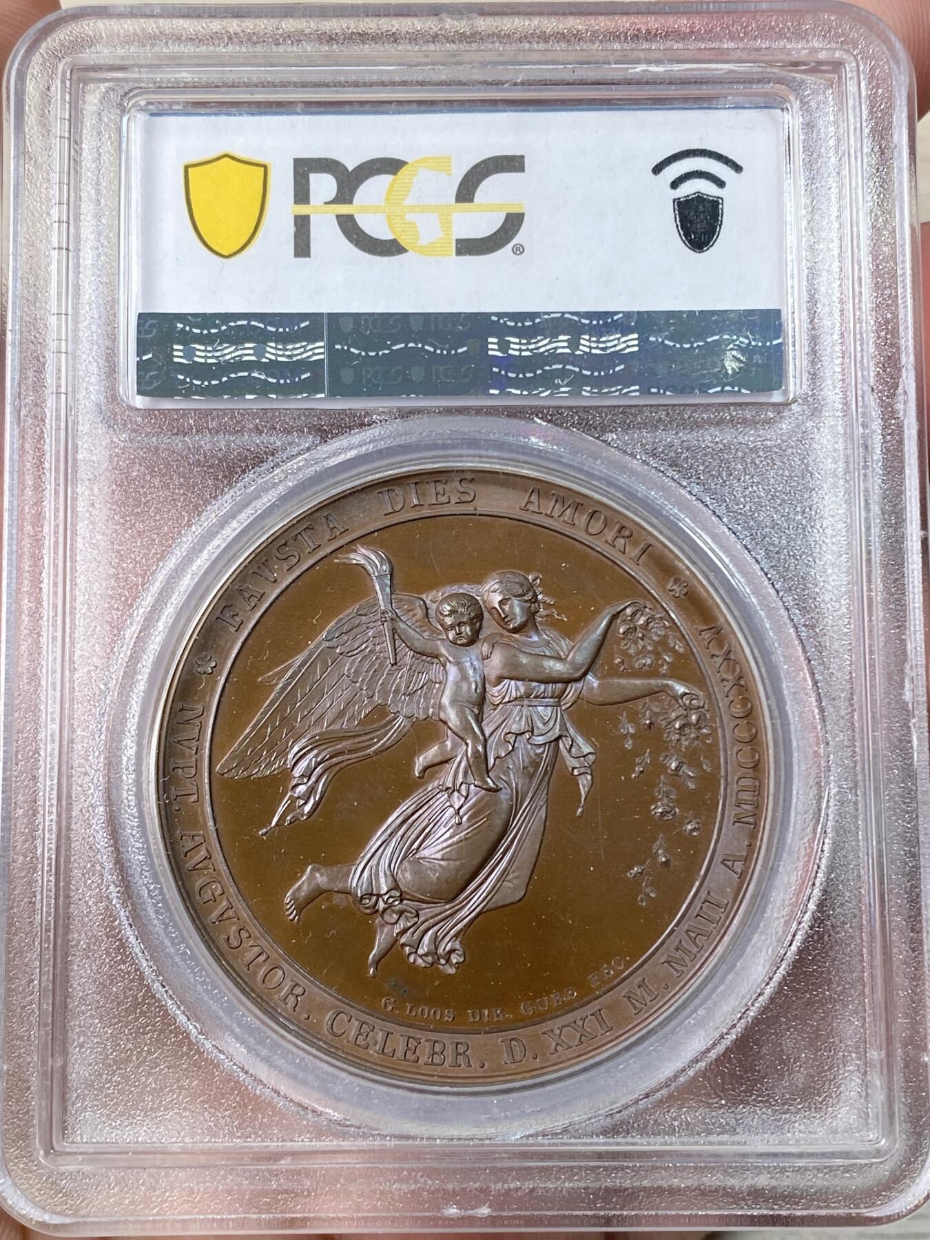 万国钱币拍卖第063期 PCGS SP66 1825年德国普鲁士威廉三世时期路易斯·奥古斯塔公主与荷兰费里德里希王子大婚纪念大铜章 G·LOOS·D大师作品 超美红铜光顶级GEM典藏品质（盒子有裂）