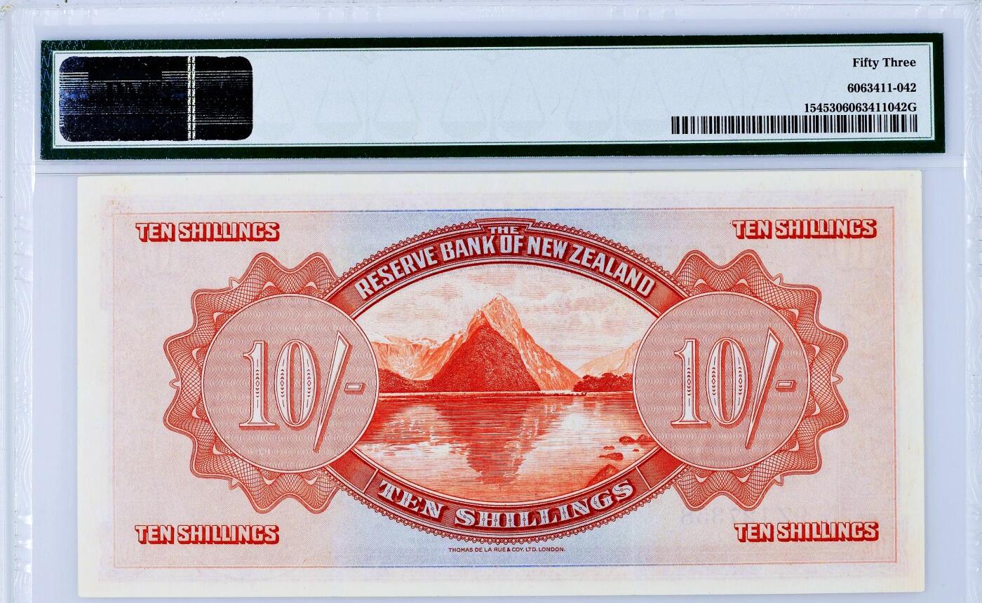 【Blue Auction】世界纸币精拍第796期——18级TOP拍卖/信誉/品质/专业/高效💫  新西兰储备银行 1934年10先令 PMG53 该行发行的第一张10先令纸币 Tawhiao国王人像雕刻精美 国鸟几维鸟 背面是坐落在米尔福德峡湾的绝美山峰米特峰 （该面值在同期发行的1镑、5镑、50镑中珍稀度排名第二，仅次于50镑 票面白净难得好状态）