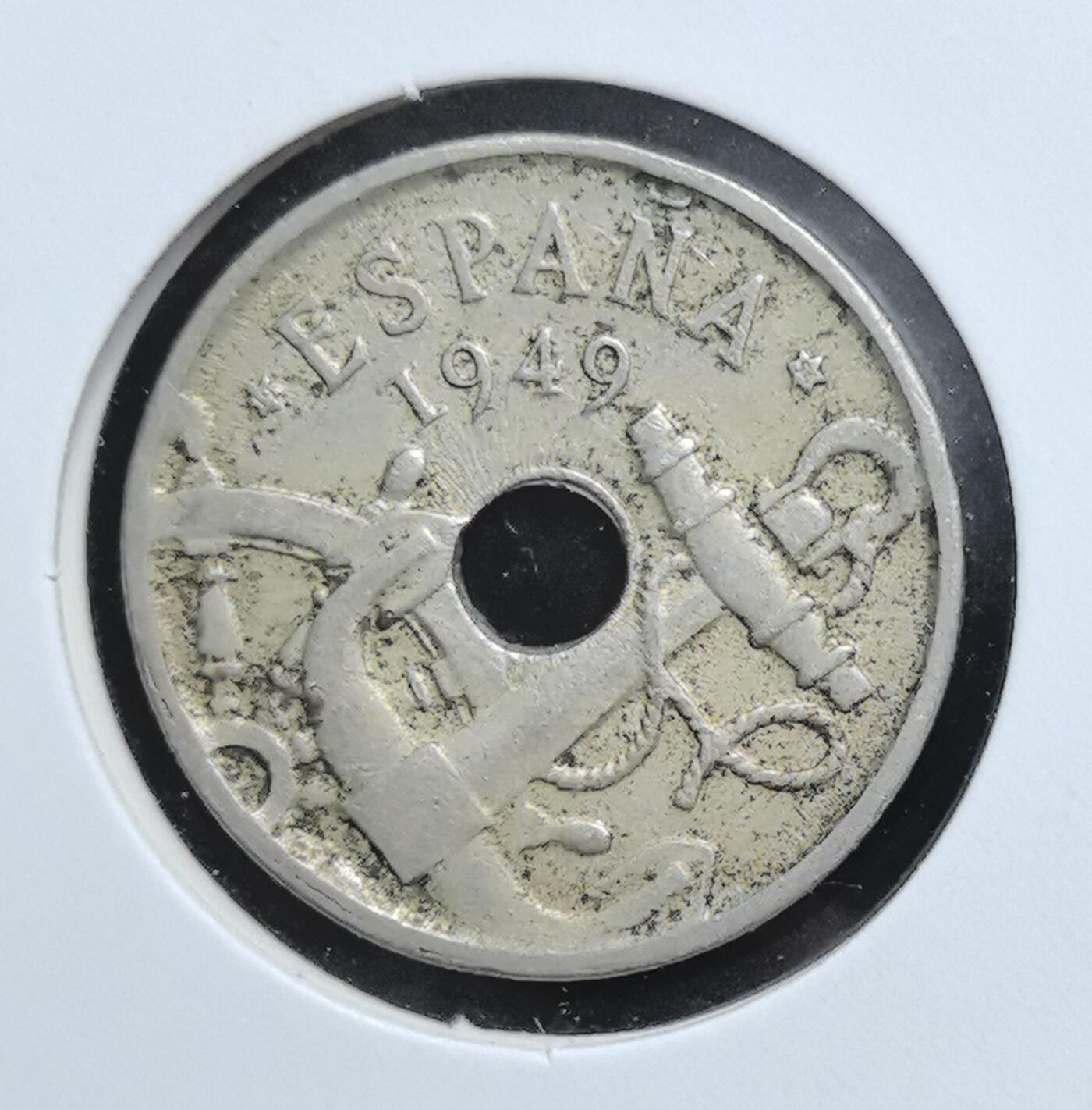 外国优质老铜币银币苏联纪念章，每周六晚九点倒数截拍，满百包邮可寄存，持续收拍 西班牙佛朗哥1949年50分，正面锚与船舵象征海洋，背面为西班牙国徽，属战后重建时期货币，后随比塞塔于 2002 年被欧元取代。