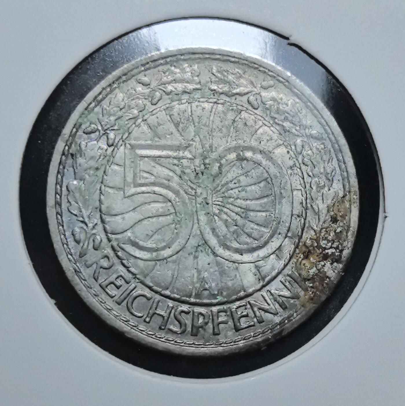 外国优质老铜币银币苏联纪念章，每周六晚九点倒数截拍，满百包邮可寄存，持续收拍 德意志魏玛共和国1928年50 帝国芬尼A版，属战后经济稳定期流通币，由柏林造币厂铸造，1940 年停用，是见证德国货币转型的历史遗存。