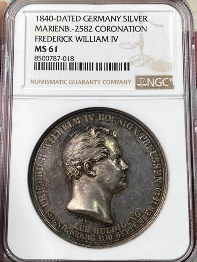 万国钱币拍卖第063期 - NGC MS61 1840年德国普鲁士威廉四世克承大统继国王位加冕纪念大银章 高浮雕紫罗兰彩包浆极美 普鲁士经典名誉加冕系列的开山之作
