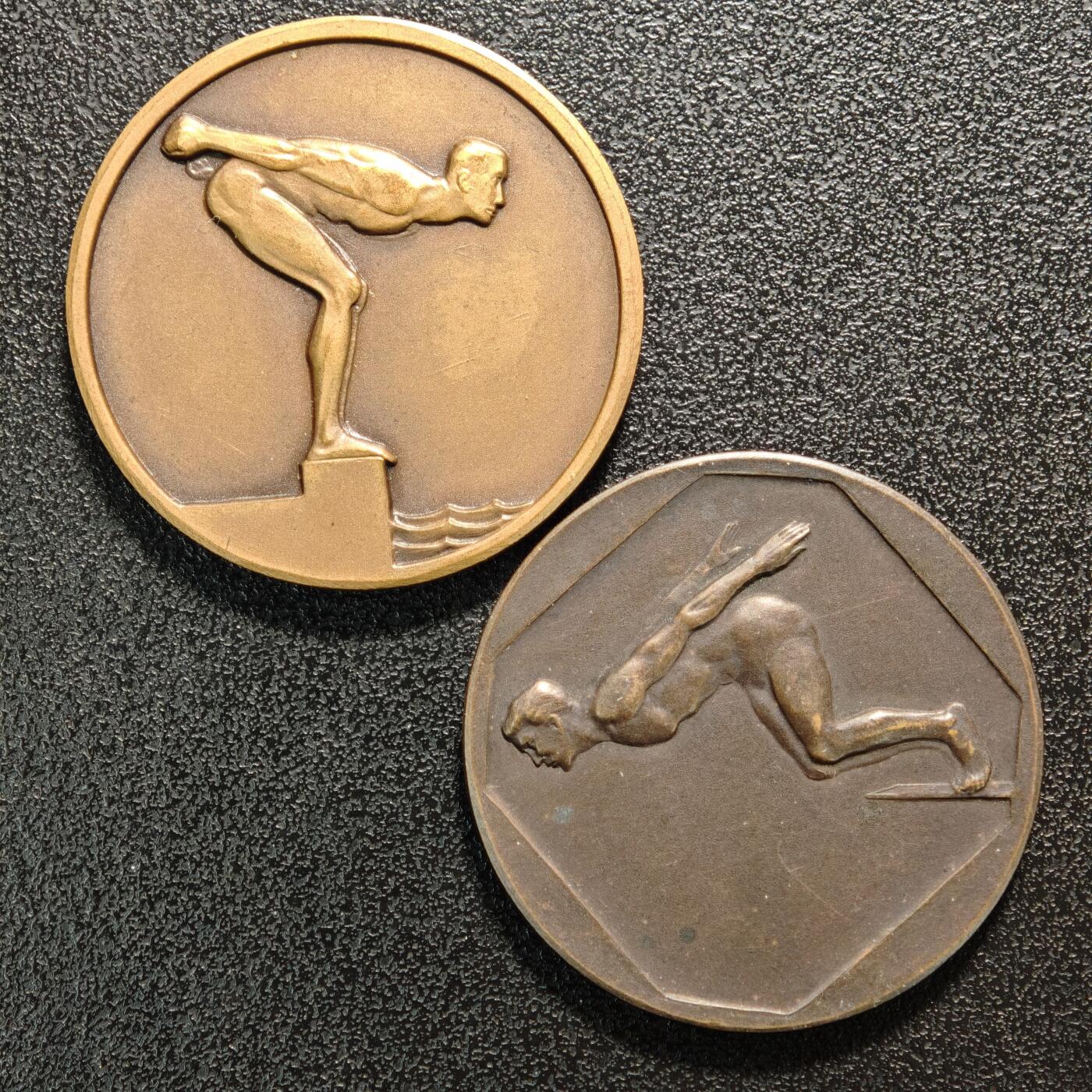 【德藏】世界币章拍卖第168期（拍品征集中~欢迎藏友联系） 2枚一组 德国魏玛时期游泳比赛奖章纪念铜章 直径约：32.2mm/左，32.2mm/右；重约：16.8g/左，16.3g/右