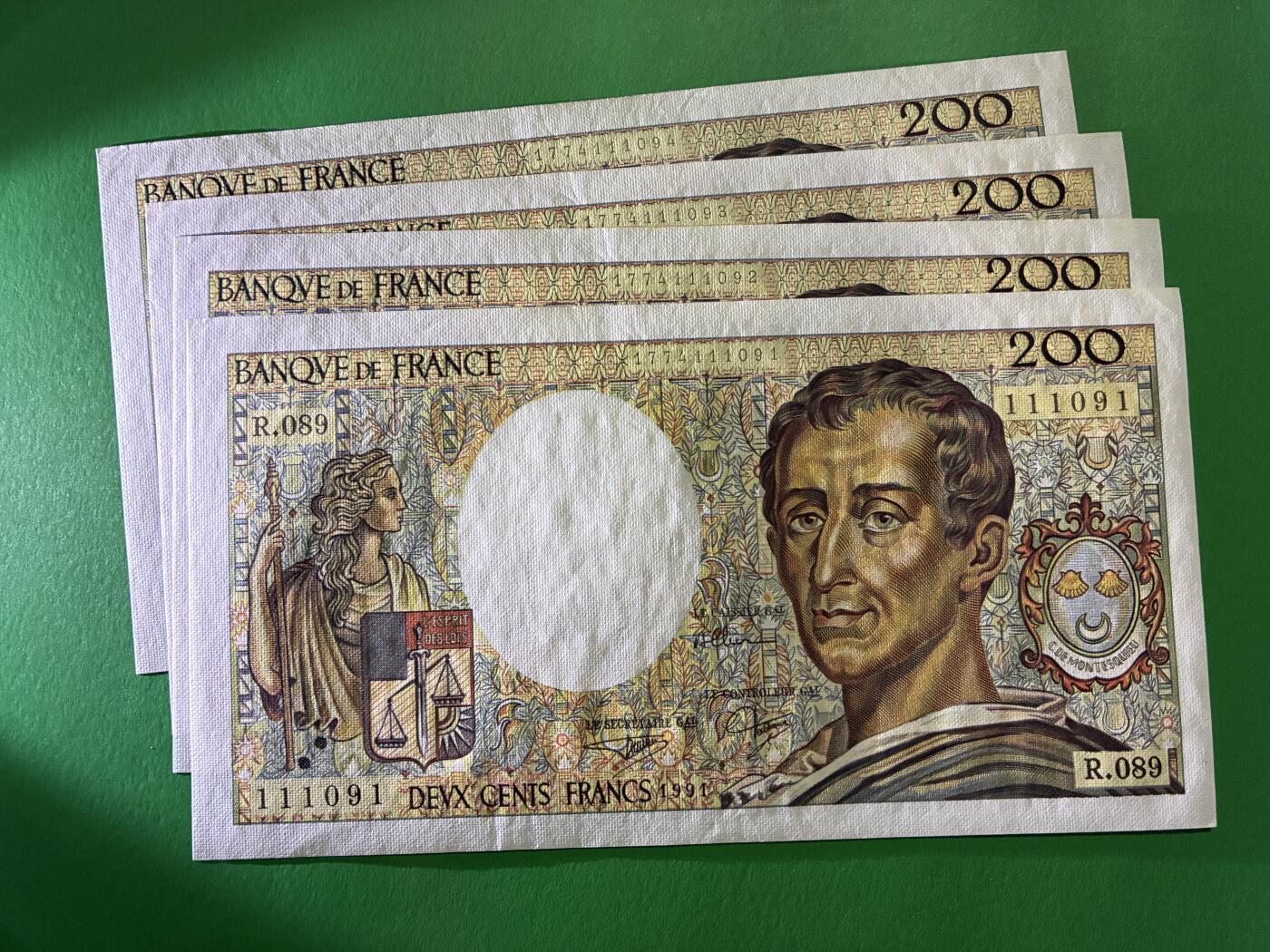 咖啡豆•收藏 2026年Mar_24th世界各国纸币拍卖 4枚 连号 法国 1991年 200法郎 全新UNC 外国 欧洲纸币