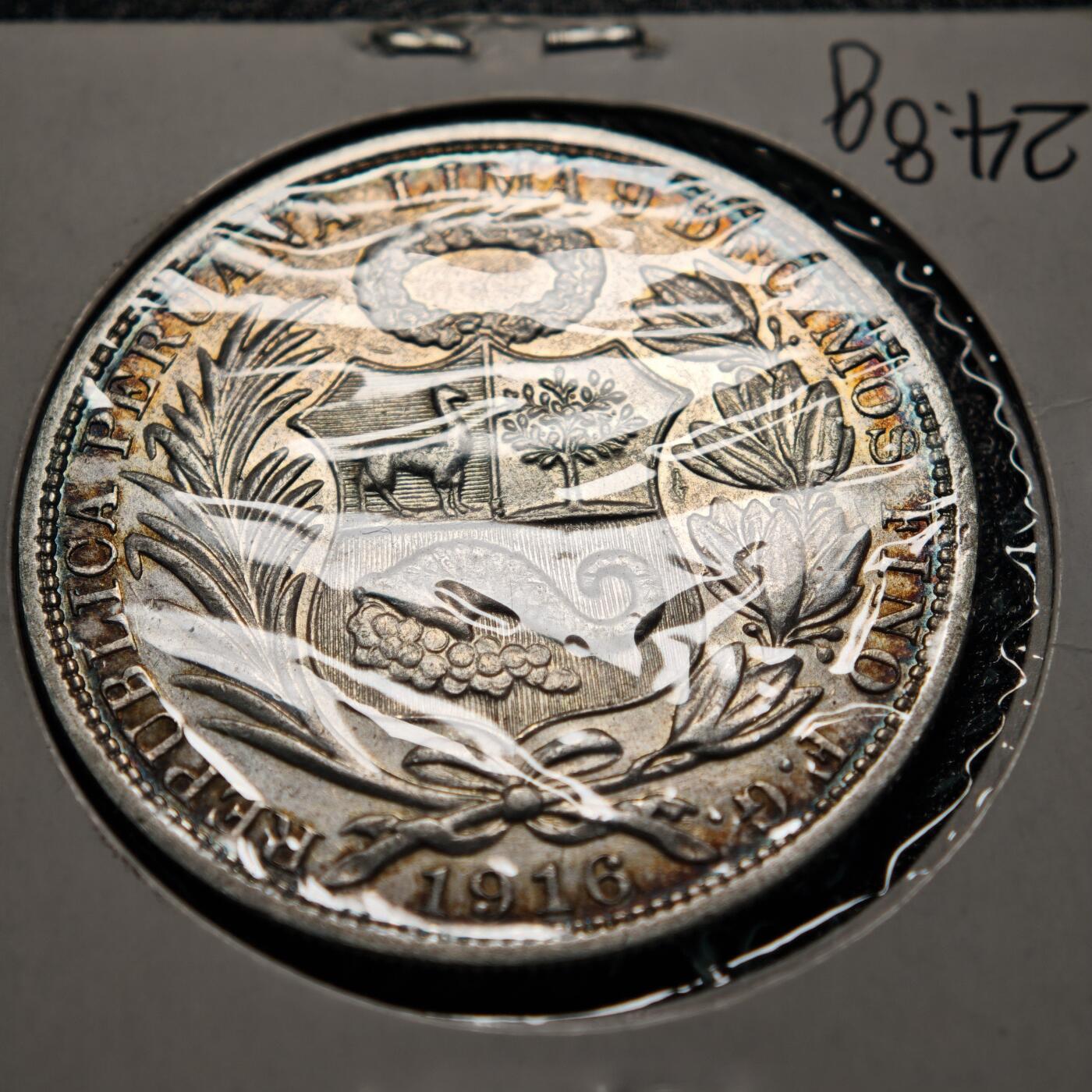 【德藏】世界币章拍卖第168期（拍品征集中~欢迎藏友联系） 老藏家集藏系列之- 1916年 秘鲁1索尔银币 900银 重约：25g 入册20余年·附有当年购入价