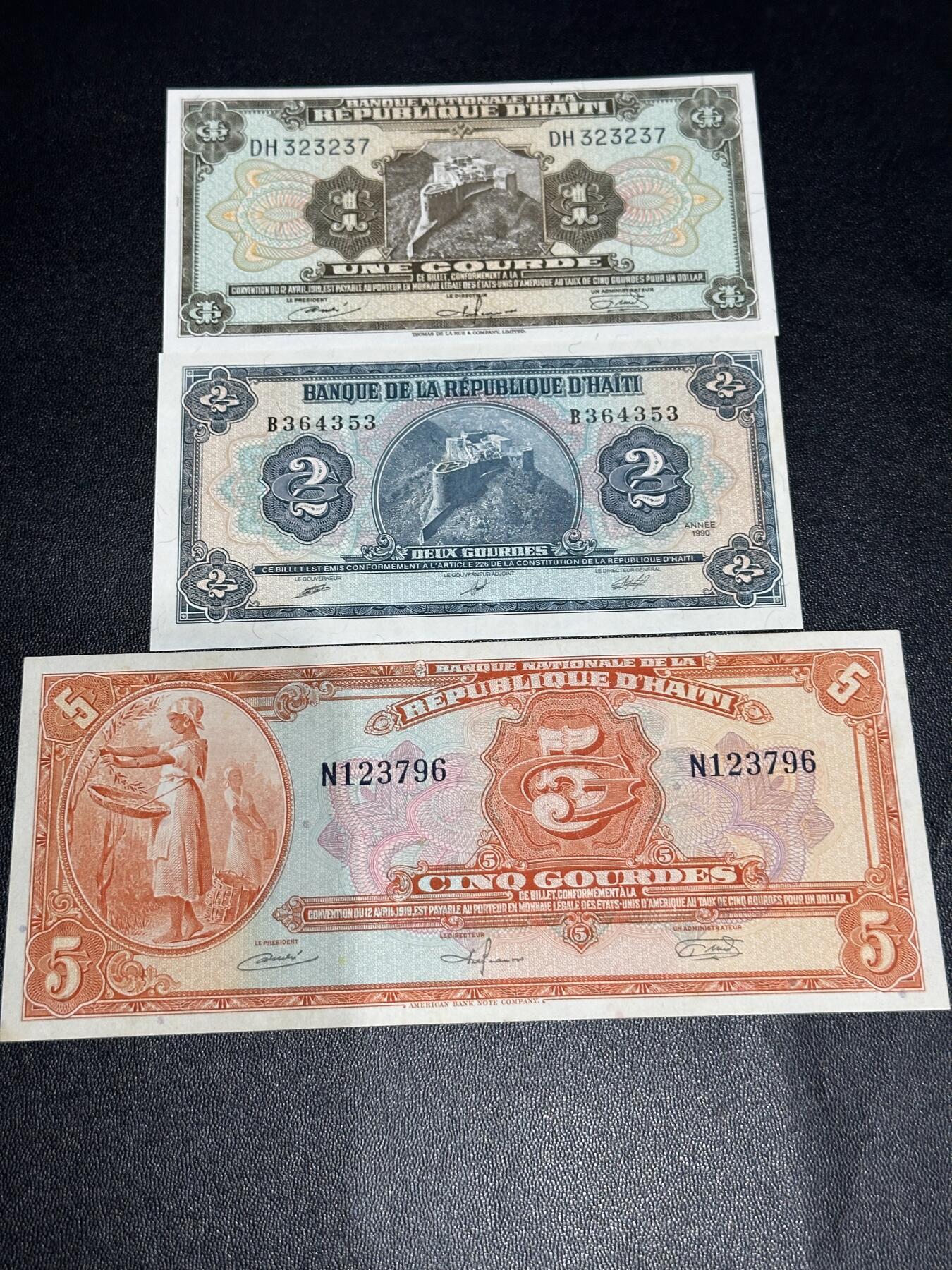 《外钞收藏家》第六百一十九期（精品场）（长期征集拍品、欢迎藏友们联系合作） 海地1、2、5古德 1和2基本全新 5AU品相