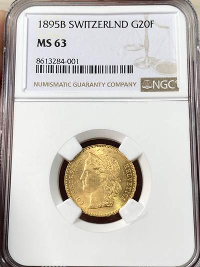 万国钱币拍卖第063期 - NGC MS63 1886年瑞士桂冠女神20法郎金币 丝滑金光收藏级 6.45G 900金