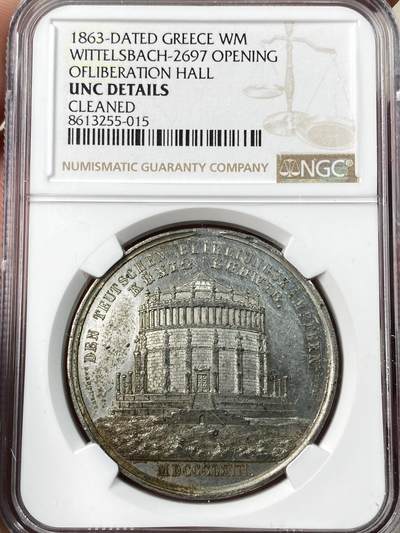 万国钱币拍卖第063期 - NGC UNCD 1863年德国凯尔海姆解放大厅开门纪念大锡章 镜面精铸凯尔海姆解放纪念碑