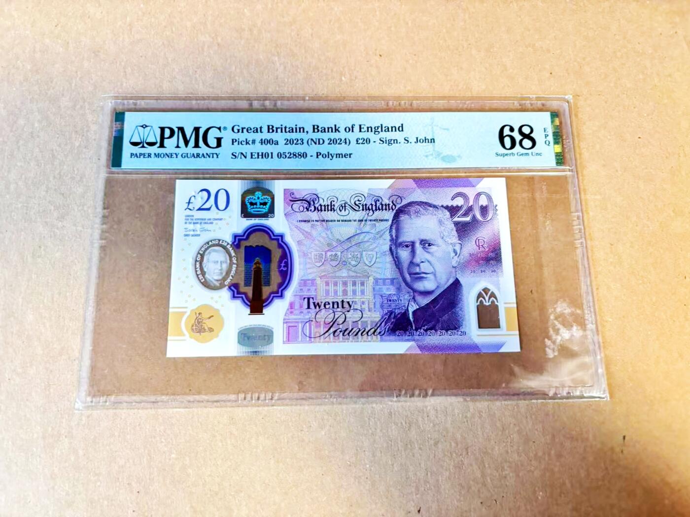【Blue Auction】世界纸币精拍第796期——18级TOP拍卖/信誉/品质/专业/高效💫 【EH01首发冠 无47】英国 2023年20镑 PMG68EPQ 高分