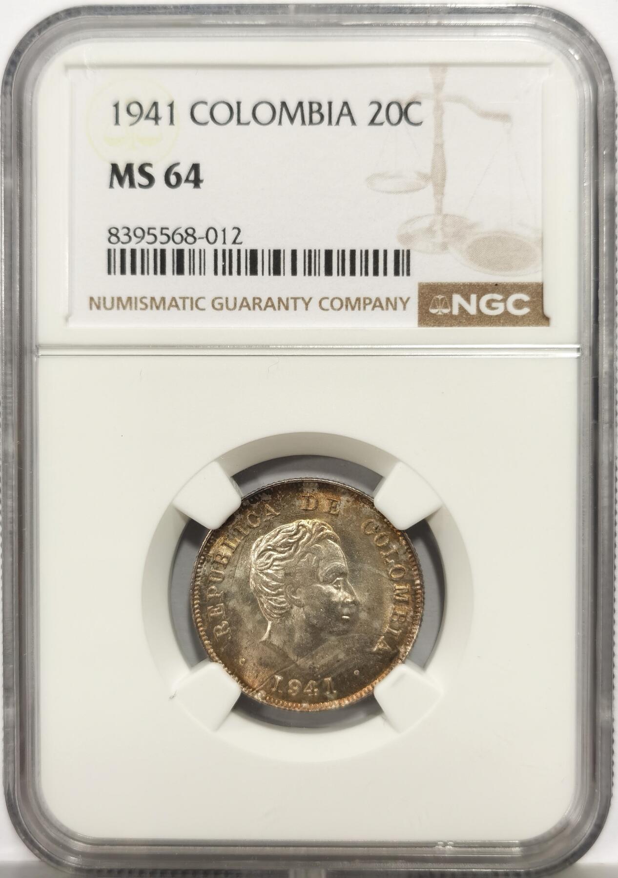博洋堂世界钱币拍卖第165期（全场包邮） NGC MS64 哥伦比亚1941年20分银币