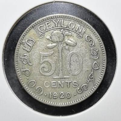 外国优质老铜币银币苏联纪念章，每周六晚九点倒数截拍，满百包邮可寄存，持续收拍 - 英属锡兰1920 年50分银币，正面为英王乔治五世头像，背面标注面值与锡兰象征树，见证英国殖民统治时期的货币体系。