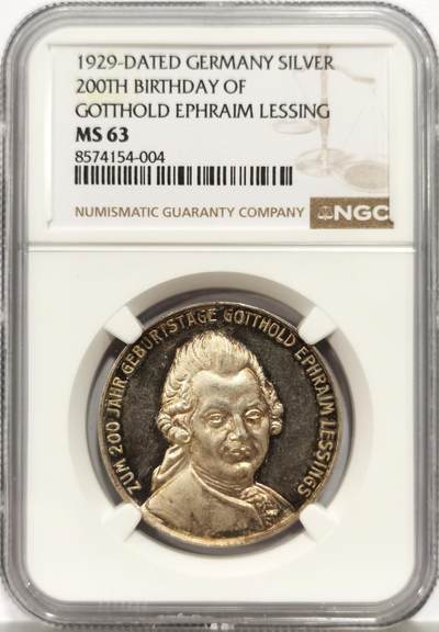 博洋堂世界钱币拍卖第165期（全场包邮） - NGC MS63 德国1929年纪念民族文学奠基人莱辛诞辰200周年银章，类似PL的精制底板，炫彩的包浆，正面是莱辛的头像，反面是精美的故居景观。
