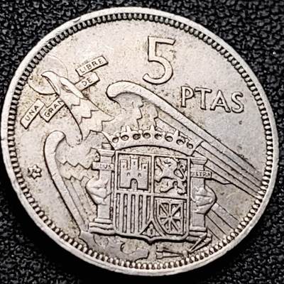 泉币菌-第213场-拍品多 请提前出价（工作最近较忙 发货不及时，望理解） - 1957年 西班牙5比塞塔 直径23mm 弗朗哥鹰徽 