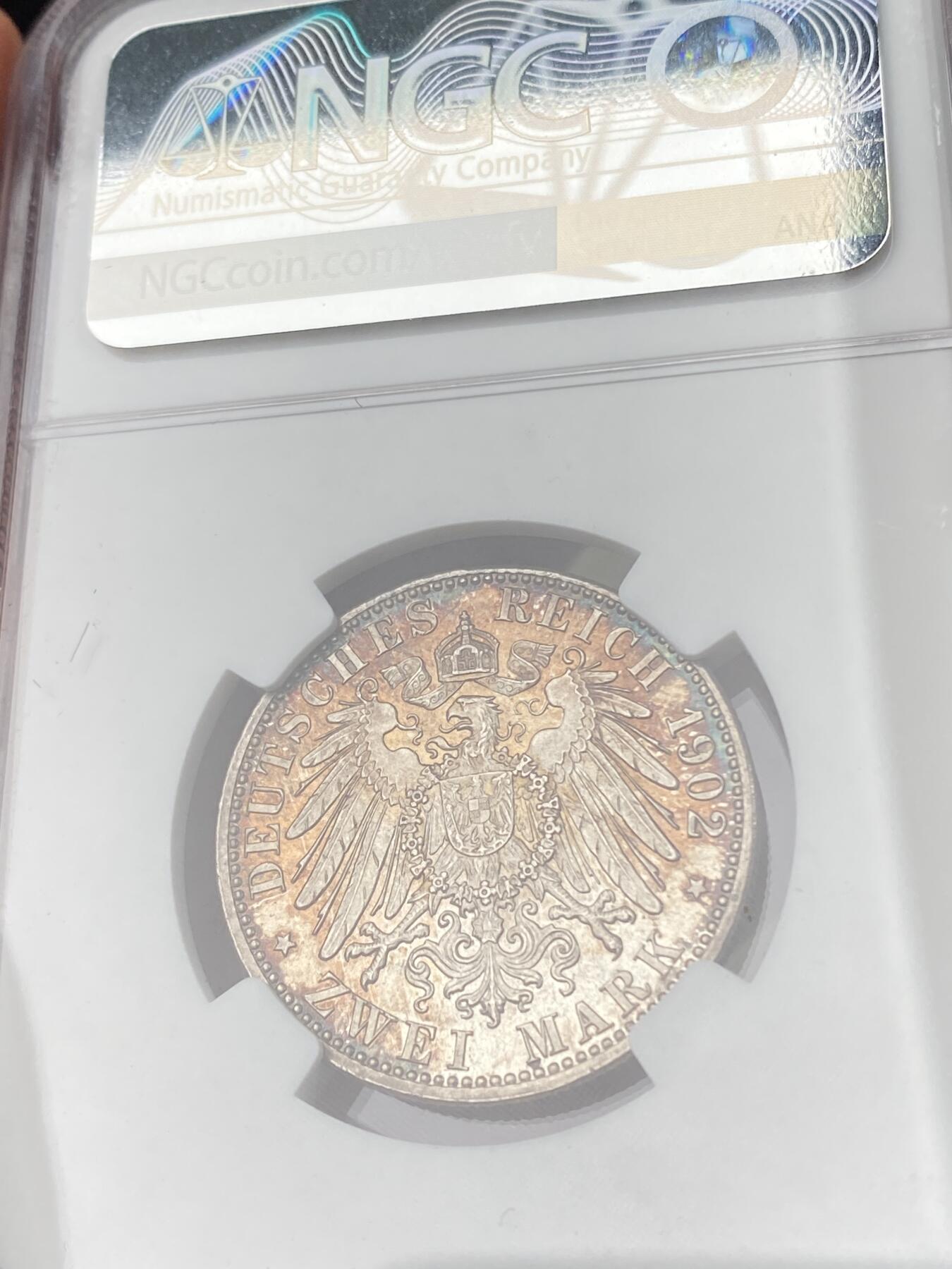 万国钱币拍卖第063期 NGC MS63 1902年德国巴登登基纪念长翅2马克 原味酱彩收藏级