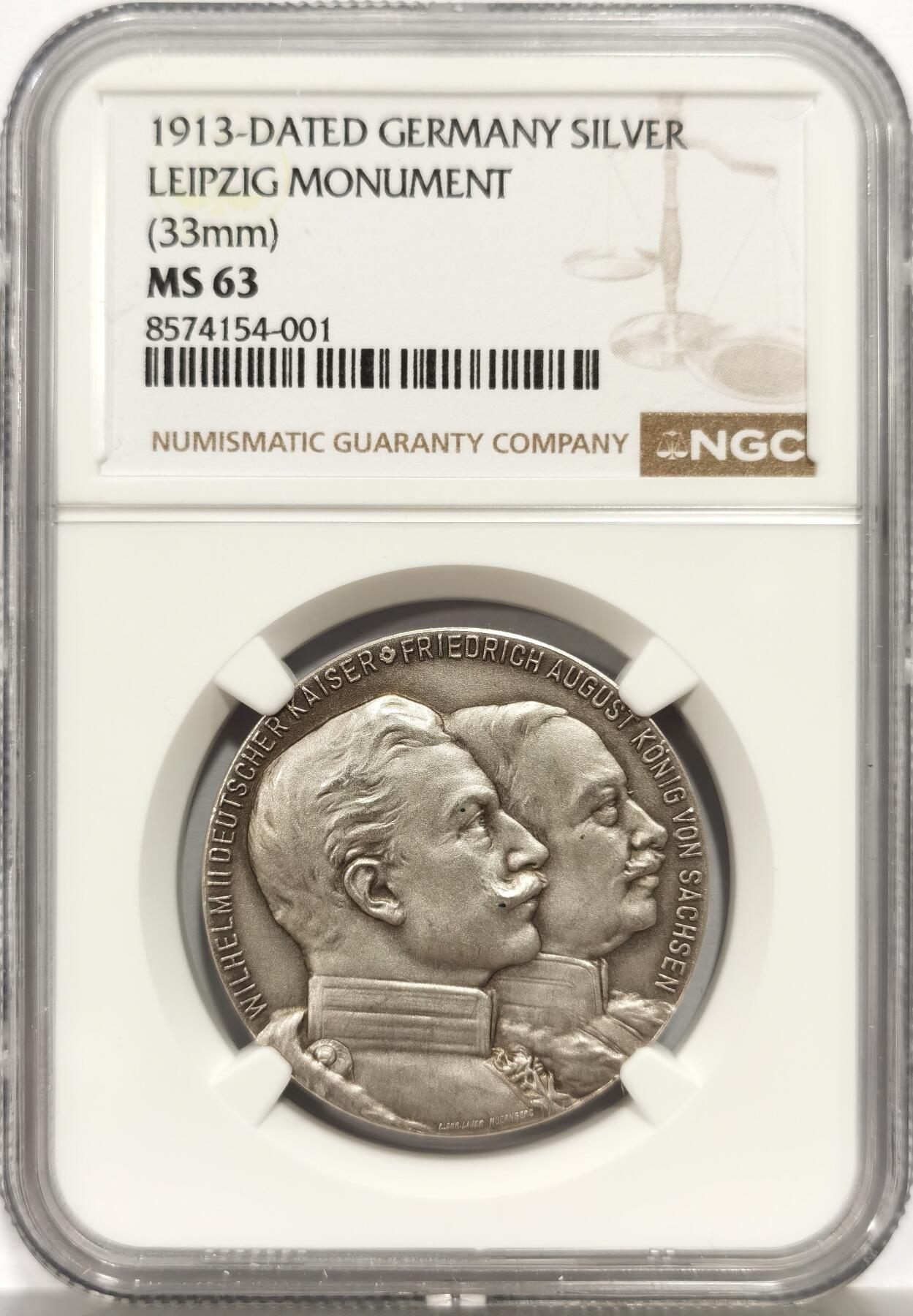 博洋堂世界钱币拍卖第165期（全场包邮） NGC MS63 德国普鲁士1913年威廉二世与萨克森奥古斯特国王共同见证 普法胜利建功碑落成 纪念银章，非常少见的品种，MATTE！