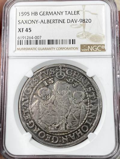 万国钱币拍卖第063期 - NGC XF40 1595年德国萨克森-阿尔贝蒂尼支系选帝侯国克里斯蒂安二世、约翰·乔治和奥古斯都三兄弟大泰勒 由腓特烈·威廉一世摄政时期发行 他们一直受监护直至1601年 帝国名誉品种深打原味