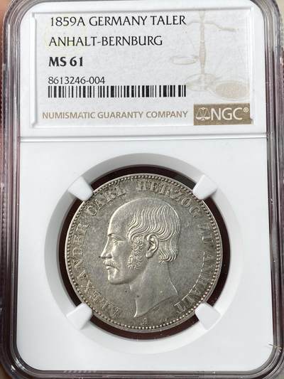 万国钱币拍卖第063期 - NGC MS61 1859年德国安哈尔特-贝恩堡疯王卡尔双熊纹章流通1泰勒 单年版难度极大的RR品种 背面全毛双熊盾徽观感极佳