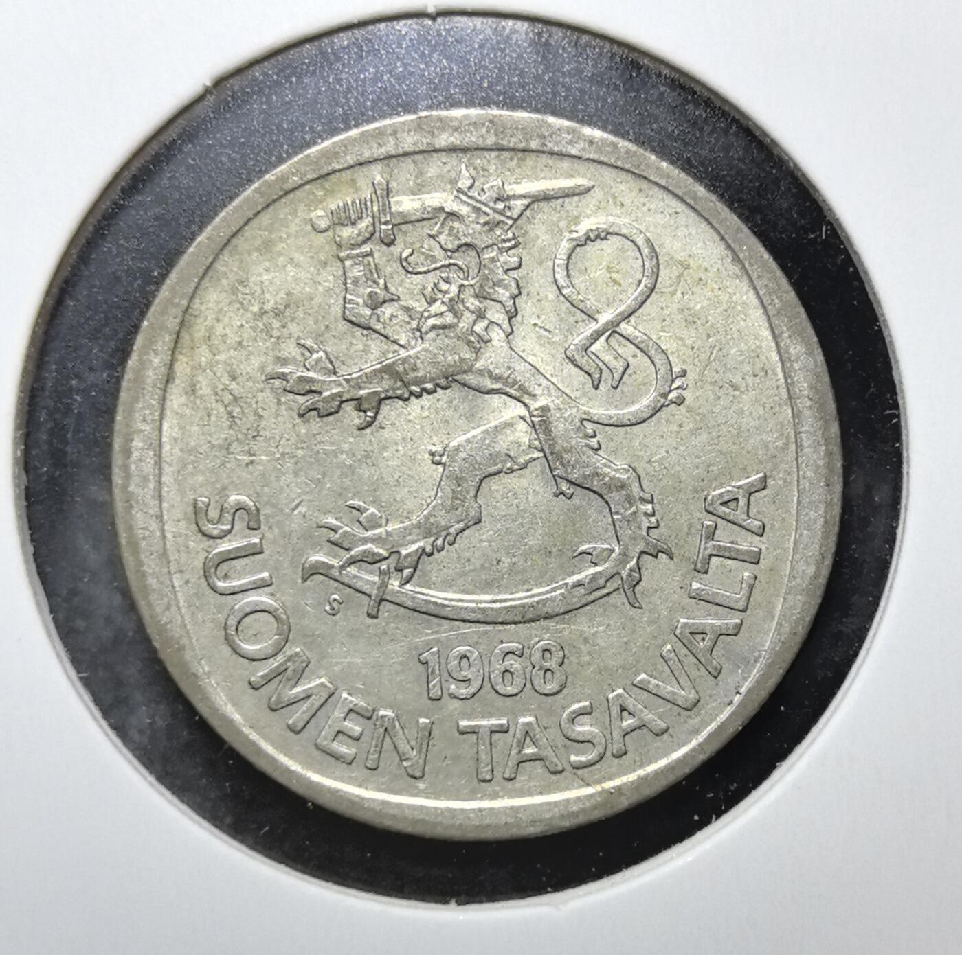 外国优质老铜币银币苏联纪念章，每周六晚九点倒数截拍，满百包邮可寄存，持续收拍 芬兰1968年1马克银币，正面为芬兰国徽 “持剑雄狮”，背面是云杉枝叶与面值，见证芬兰独立后货币体系。