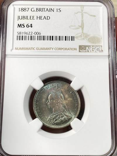 万国钱币拍卖第063期 - NGC MS64 1887年英国维多利亚女王高冠1先令 极美原味孔雀蓝五彩环绕
